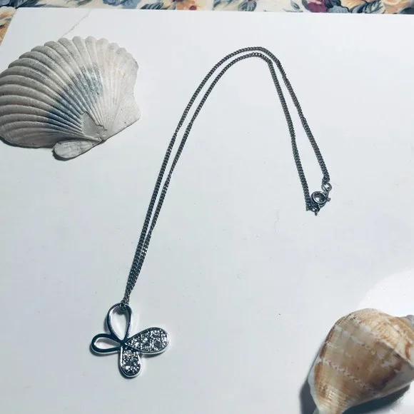 Silver Butterfly Rhinestone Necklace - Picture 2 of 7